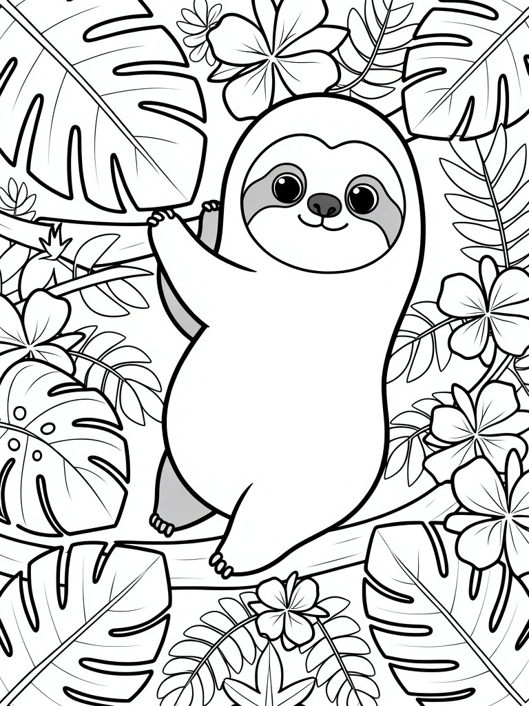 Line art of a kawaii sloth hanging from a branch, framed by tropical leaves and hibiscus flowers.