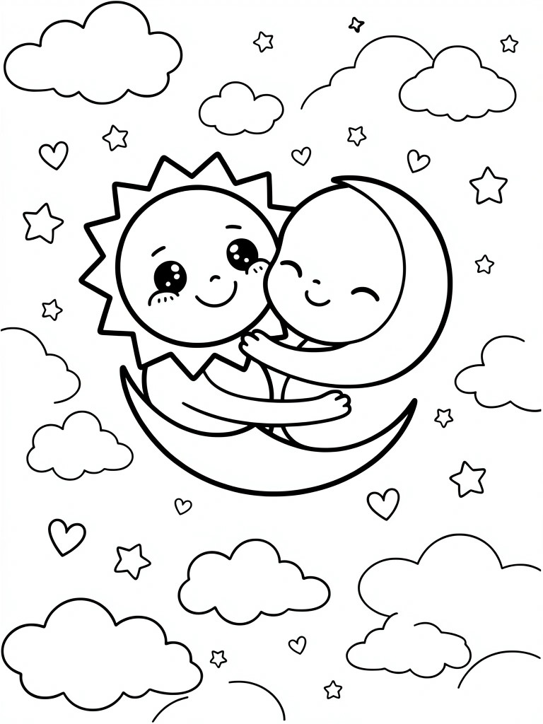 Black line art of kawaii sun hugging crescent moon on clouds with stars and hearts.