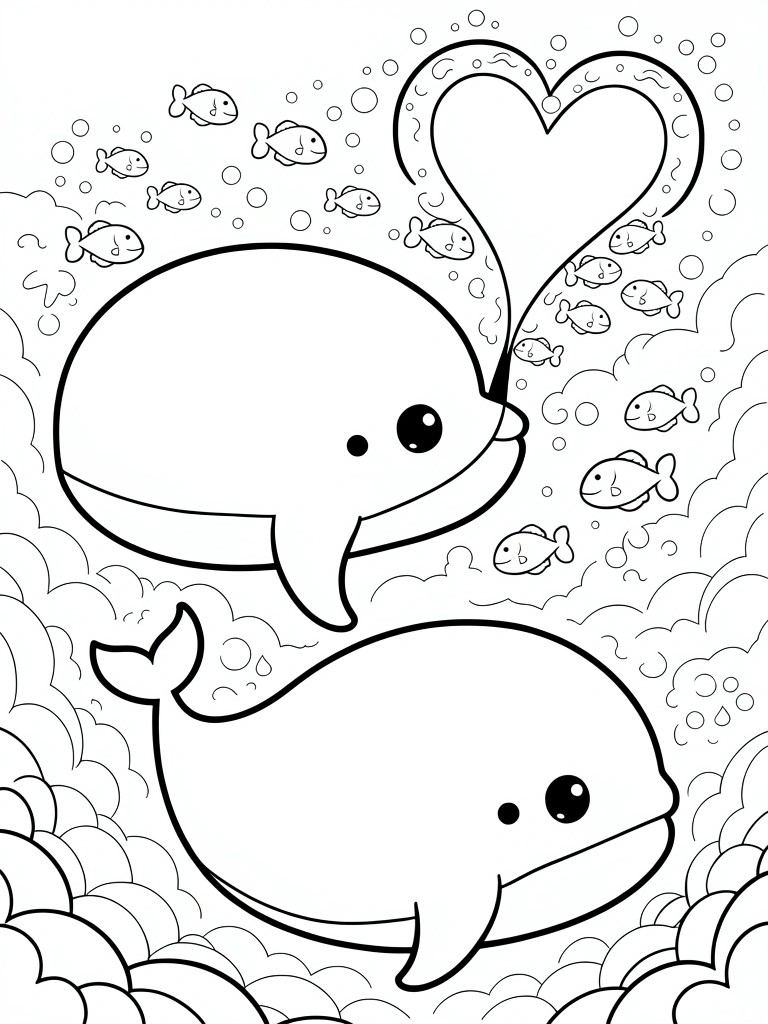 Black line art of two kawaii whales around a heart with bubbles, fish, and wave patterns.