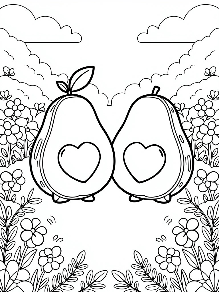 Line art of two facing avocados with heart pits, surrounded by flowers, vines, and clouds.