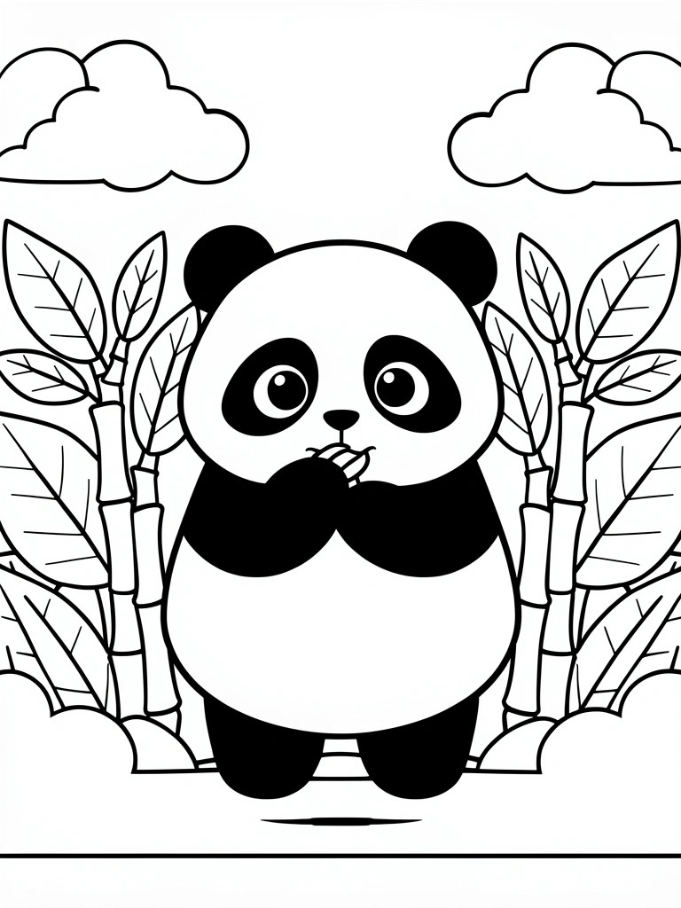 Black and white line drawing of a chubby kawaii panda standing with paws near mouth amid bamboo stalks, leaves, and clouds.