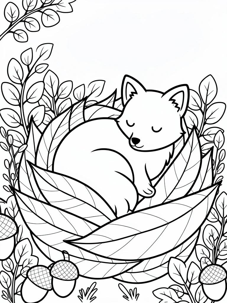 Black line art of a sleeping fox curled in a leaf nest surrounded by branches, leaves, and acorns.