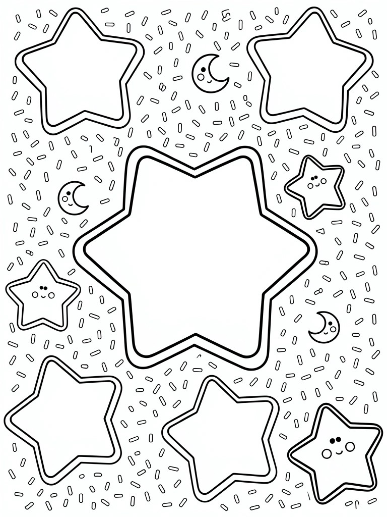 Coloring page with five large outlined stars, scattered sprinkle dots, crescent moons, and small stars with faces.