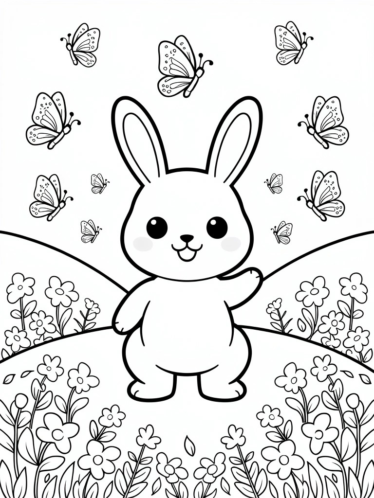 Black line art of a cute chibi bunny waving in a grassy field with flowers and surrounding butterflies.