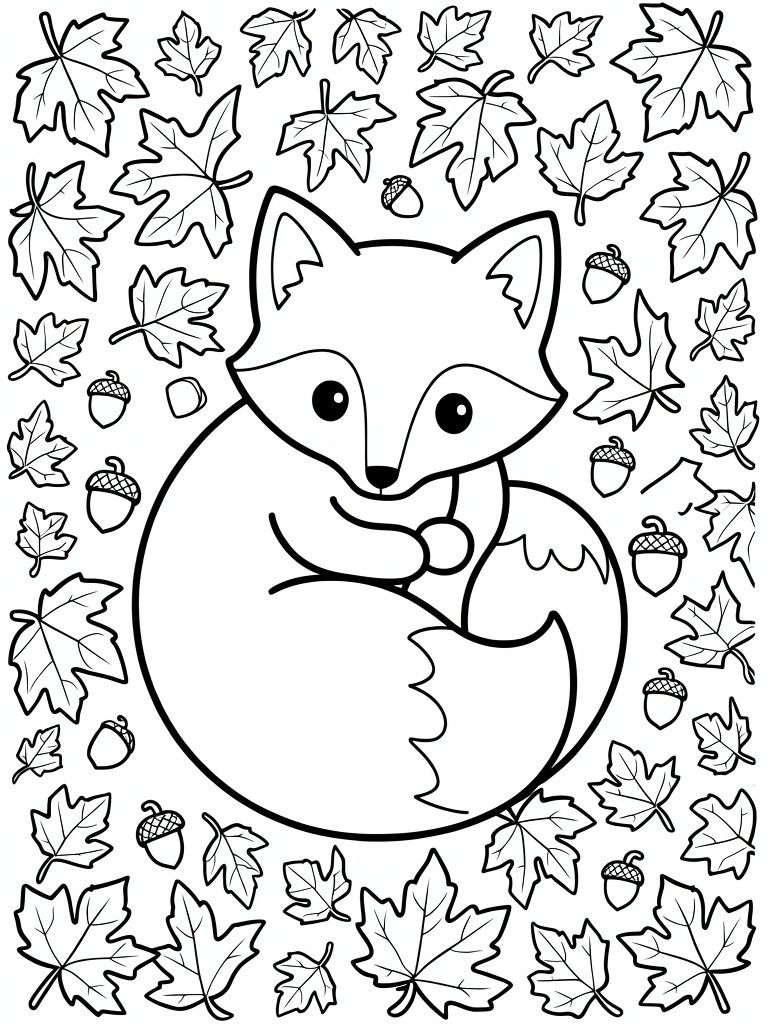 Line art of a round curled fox with large eyes surrounded by scattered maple leaves and acorns on a white background.