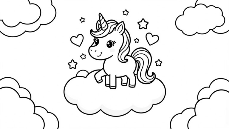 Black and white kawaii coloring page of a unicorn standing on a cloud under a rainbow with stars, hearts, and clouds.