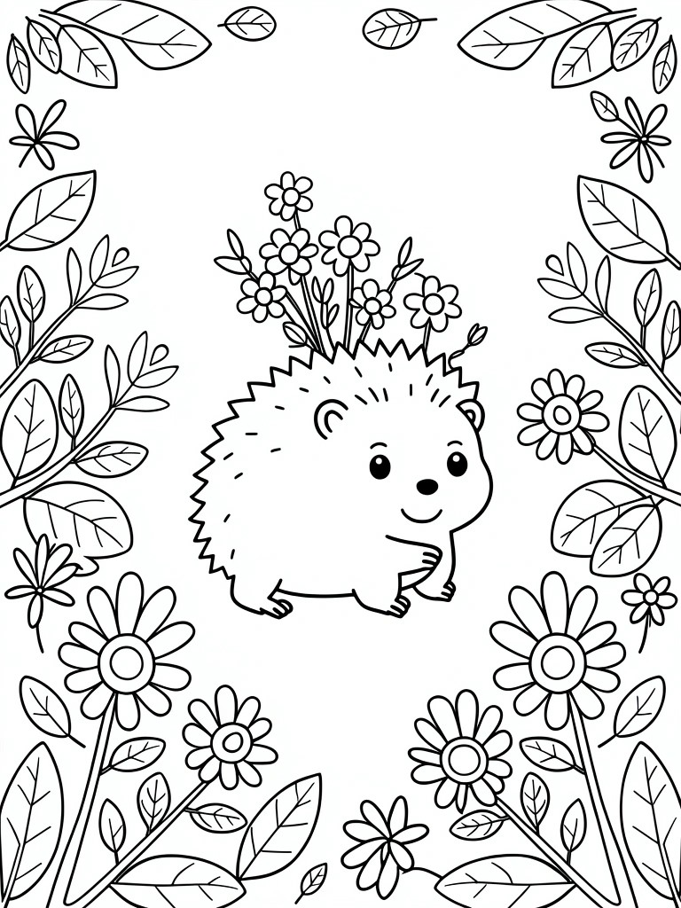 Black line drawing of a smiling hedgehog with small flowers on its back inside a border of leaves and daisies.