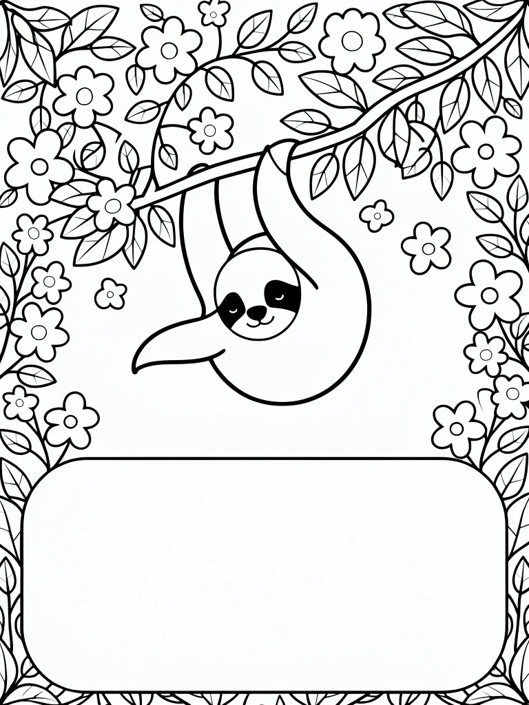 Black and white line drawing of a sloth hanging upside down from a branch surrounded by flowers and leaves, with a blank rectangular space at the bottom.