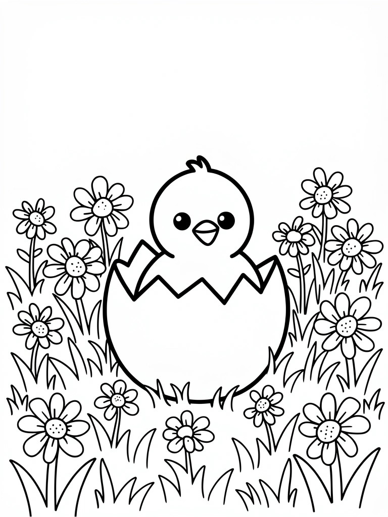 Black outline coloring page of a cute chick hatching from an egg amid daisies and grass stems.