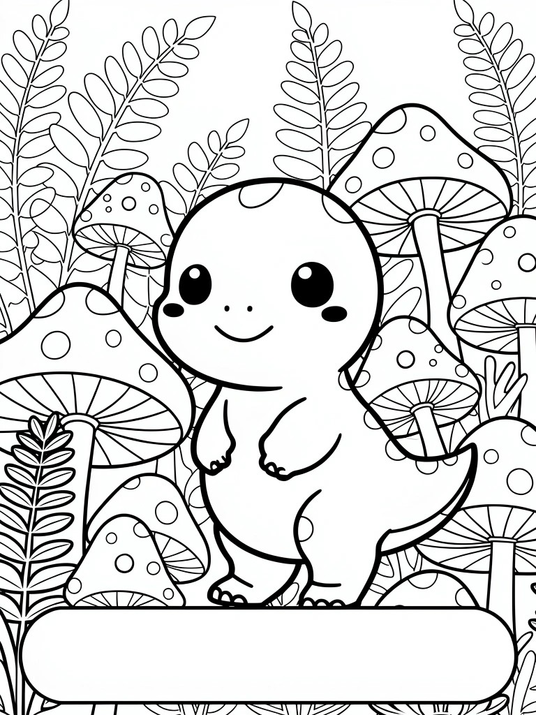 Line art of a chubby smiling baby T-Rex surrounded by ferns and mushrooms, standing on a base with a blank banner below.