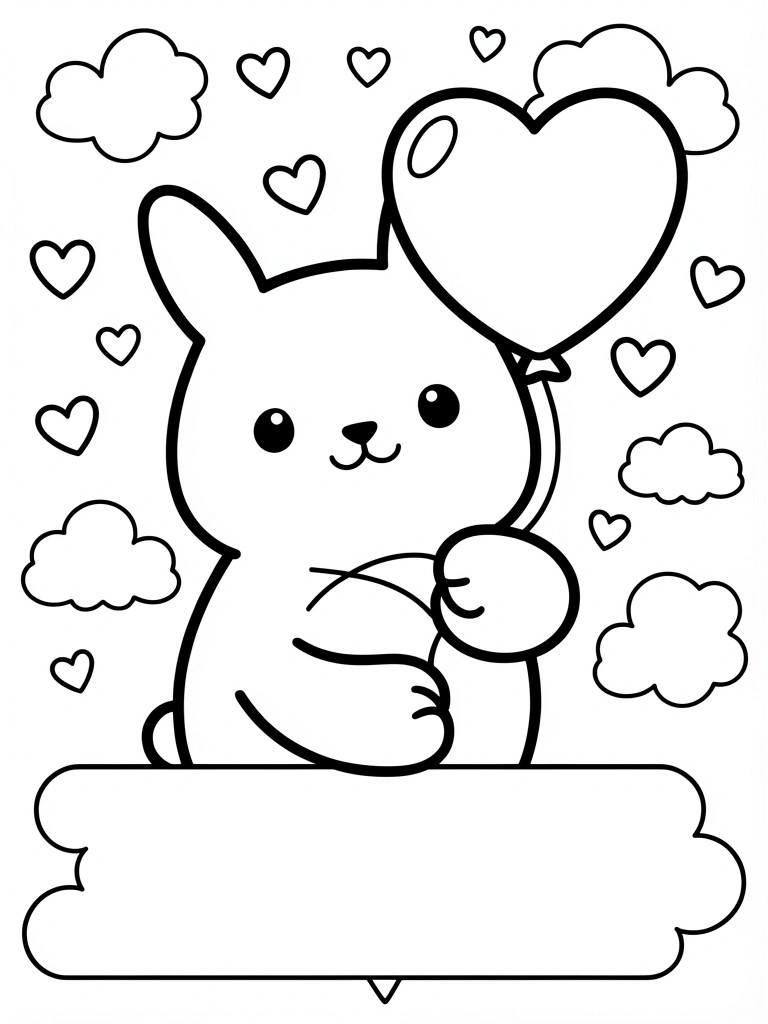 Black outline coloring page of a kawaii bunny holding a large heart balloon with scattered hearts, clouds, and a blank bottom banner.