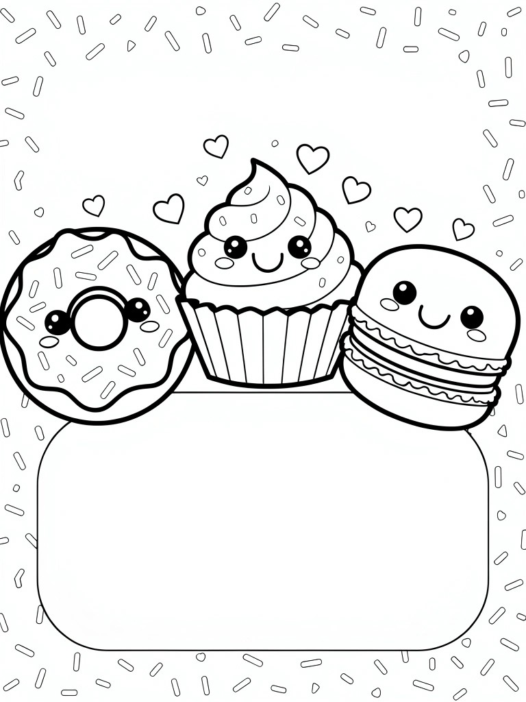 Line art of kawaii donut, cupcake, and burger stacked above a blank rectangular label amid scattered sprinkles.