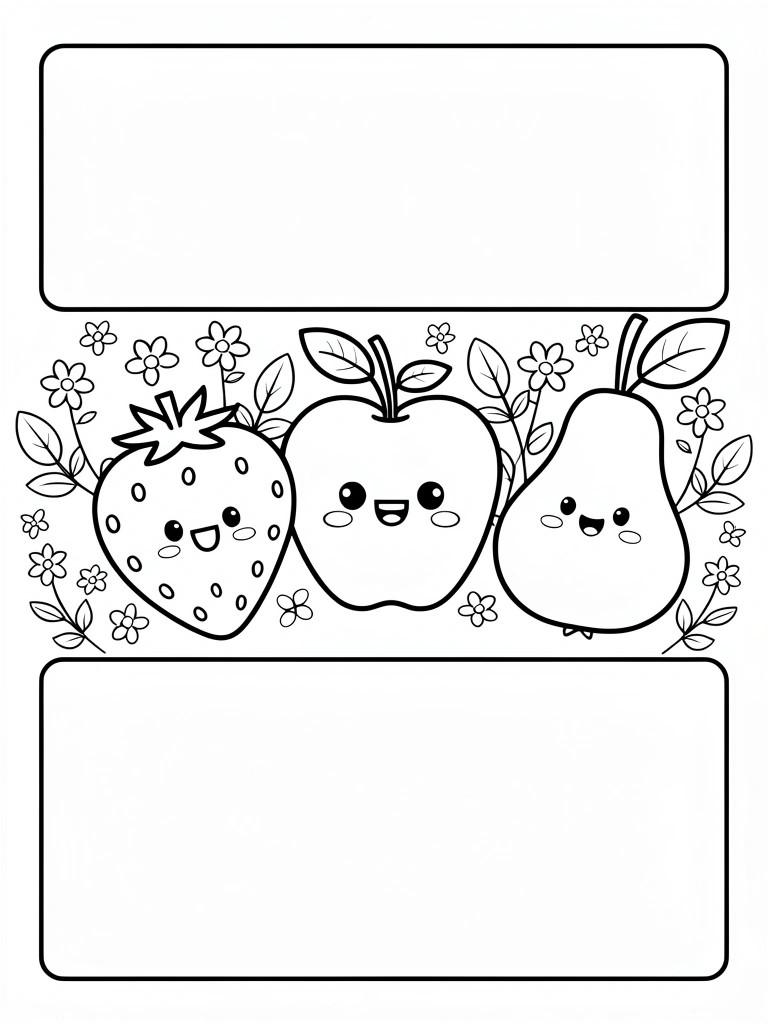 Line art of smiling kawaii strawberry, apple, and pear in a banner with flowers, leaves, and blank label rectangles.