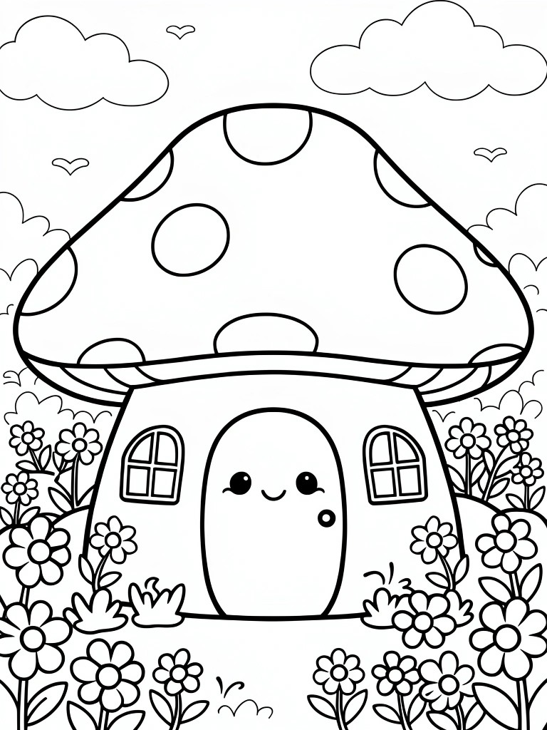 Line art of a cute mushroom house with smiley door and window, surrounded by flowers, grass, clouds, and birds.