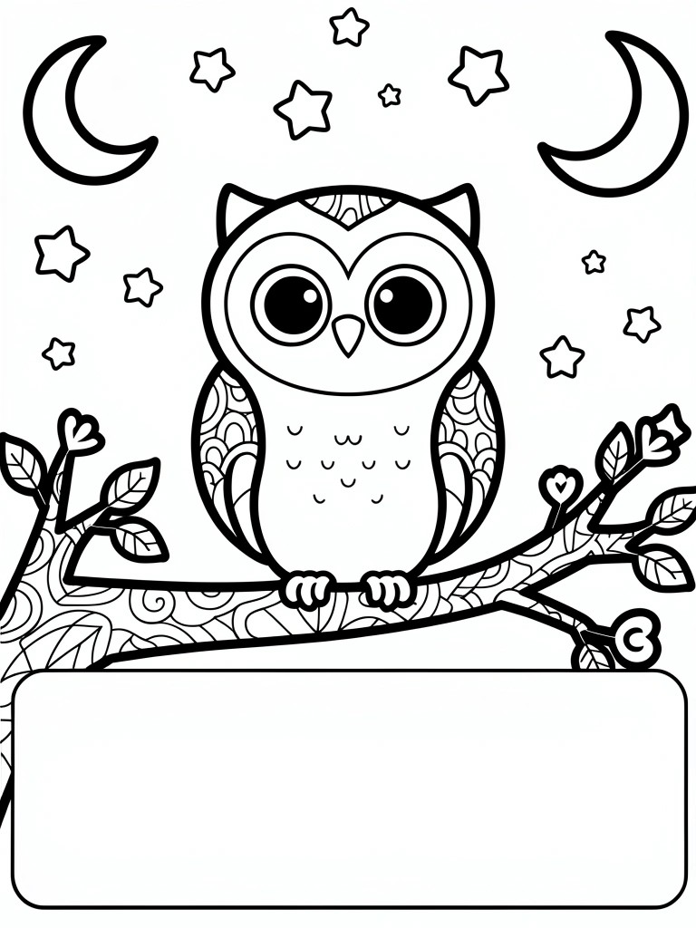 Black line art of a cute owl on a decorated branch under two crescent moons and stars, with a blank rectangle below.