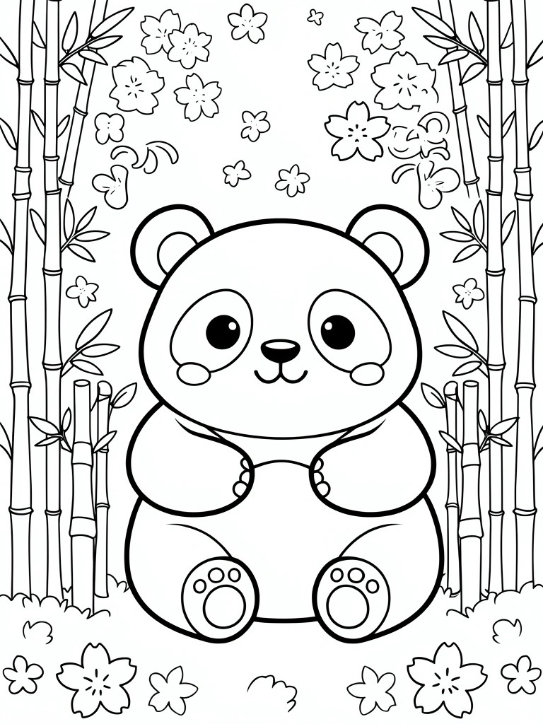 Black line art of a chubby kawaii panda sitting between bamboo stalks with scattered cherry blossom petals and grass.