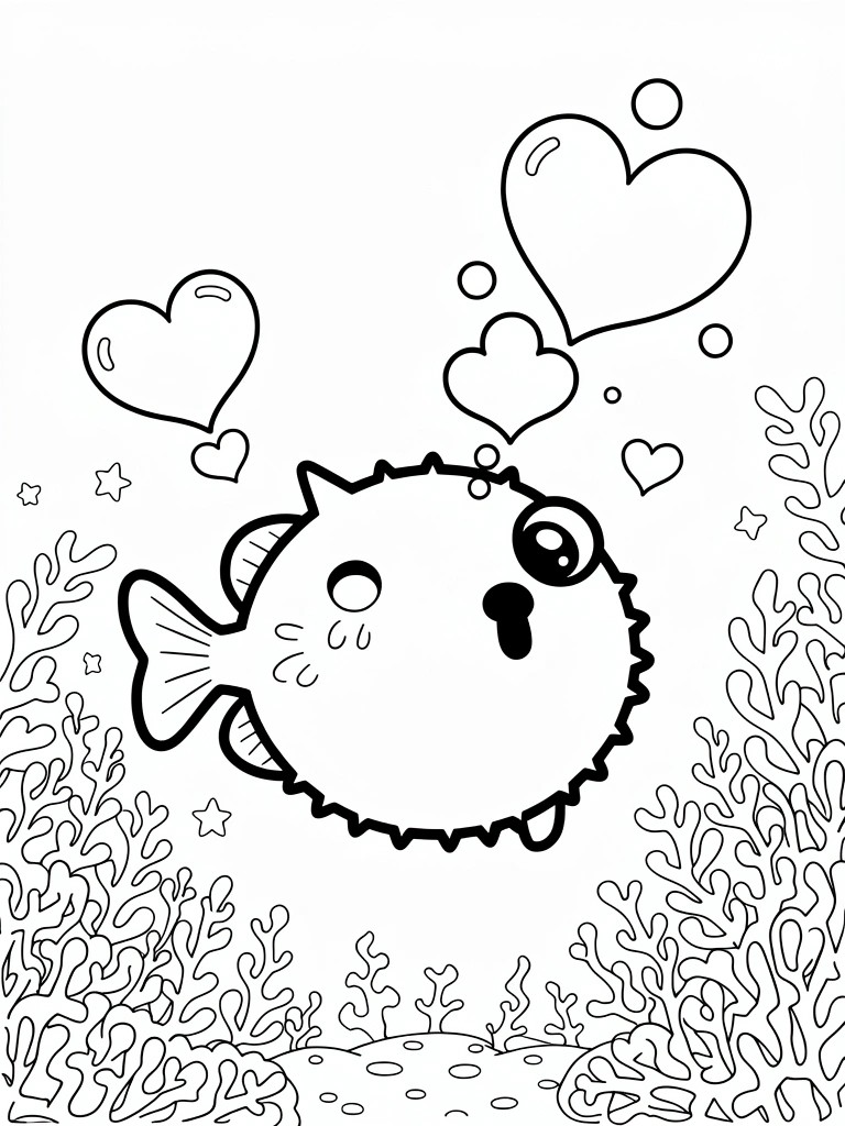 Line art coloring page featuring a chubby kawaii pufferfish with big eyes amid floating hearts, bubbles, stars, and bottom seaweed.