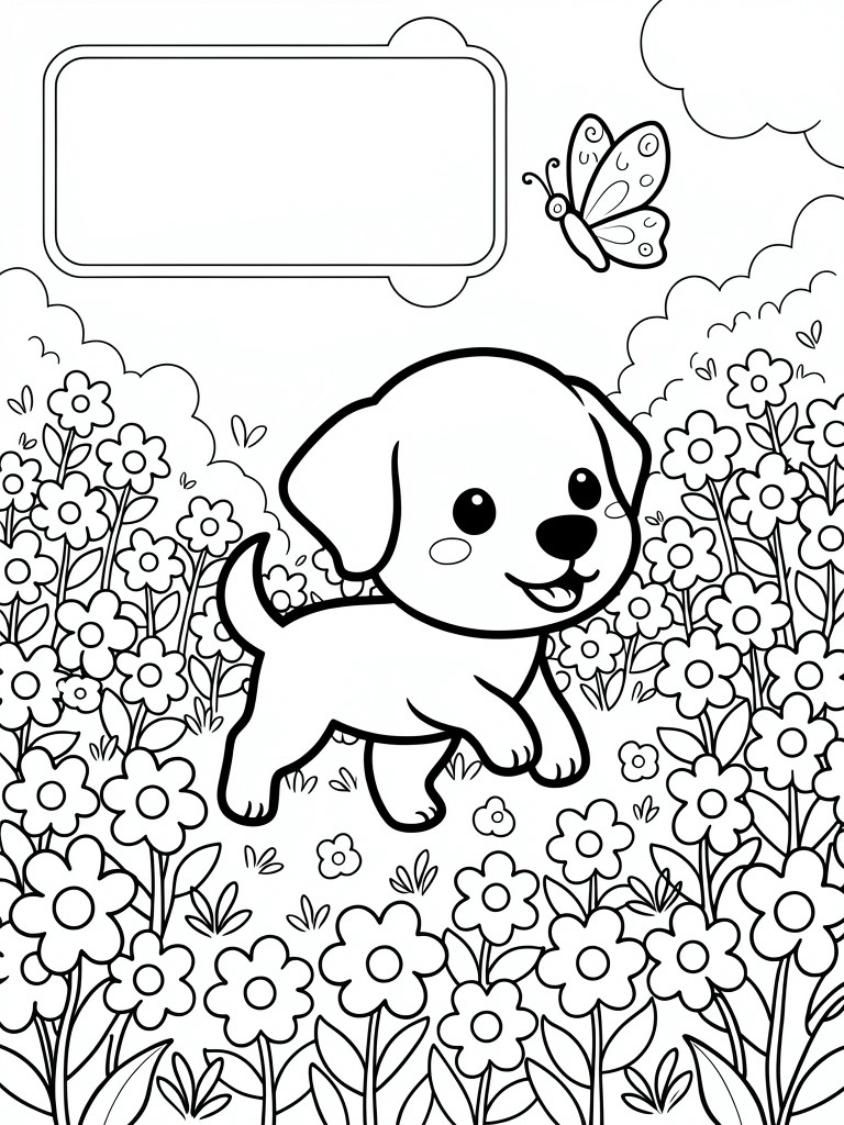 Black outline coloring page of a cute chibi puppy walking amid dense flowers, with butterfly, clouds, and blank top label.