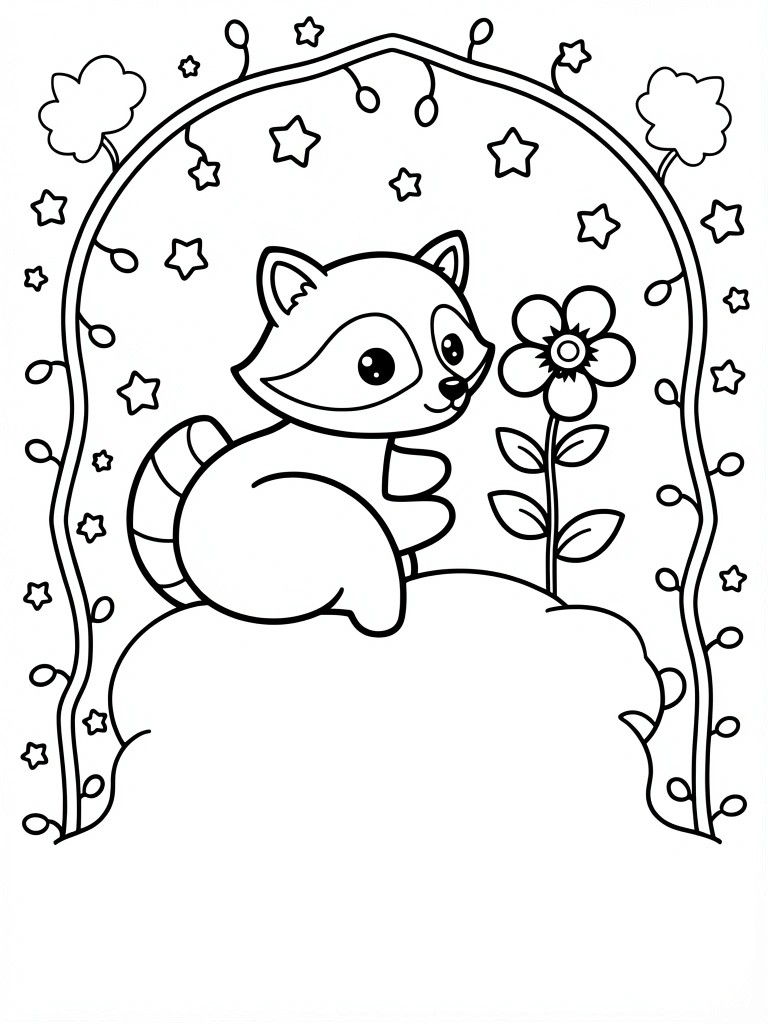 Line art coloring page of a chibi raccoon on a mound sniffing a flower, inside a starry vine-covered arch.