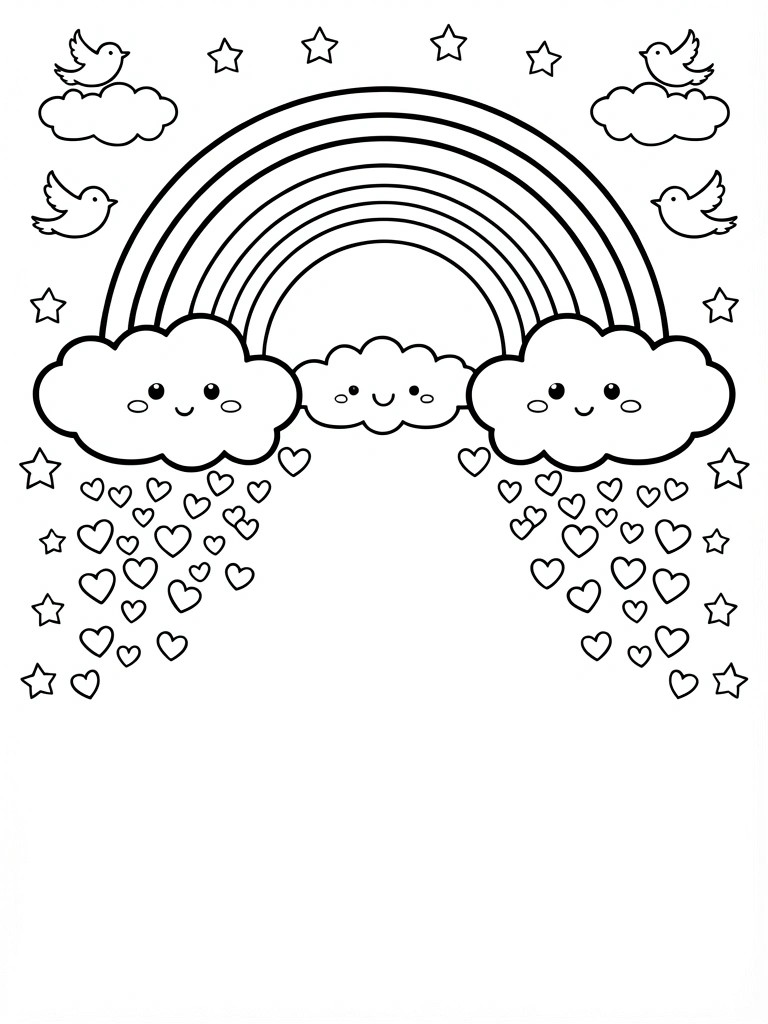 Black line art of a central rainbow flanked by three smiling clouds raining hearts and stars, with birds and additional stars around.