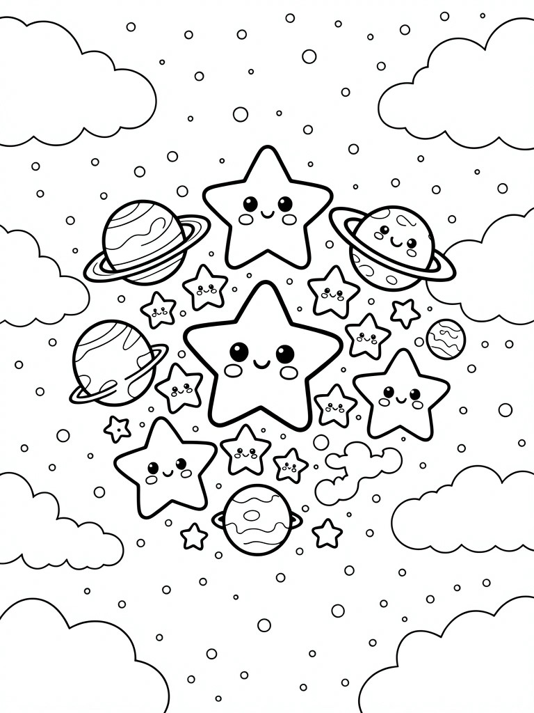 Black outline coloring page of smiling kawaii stars and planets floating among clouds.