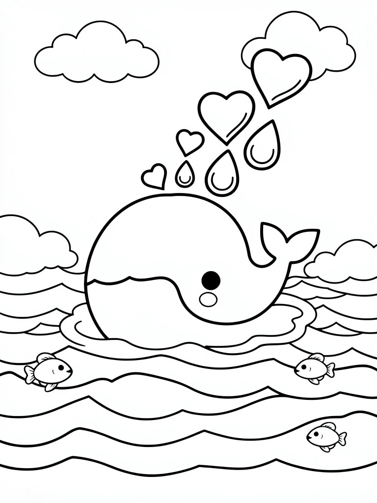 Black outline coloring page of a smiling whale blowing hearts and droplets above waves with fish and clouds.