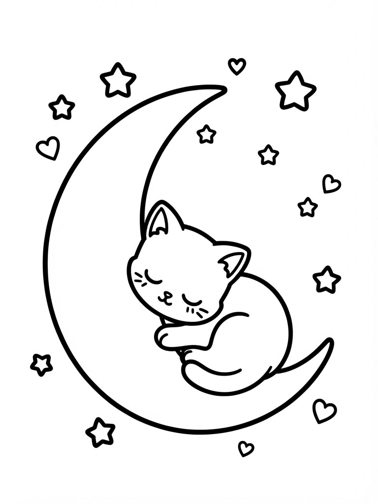 Line art of a sleeping kitten on a crescent moon with surrounding stars and hearts.