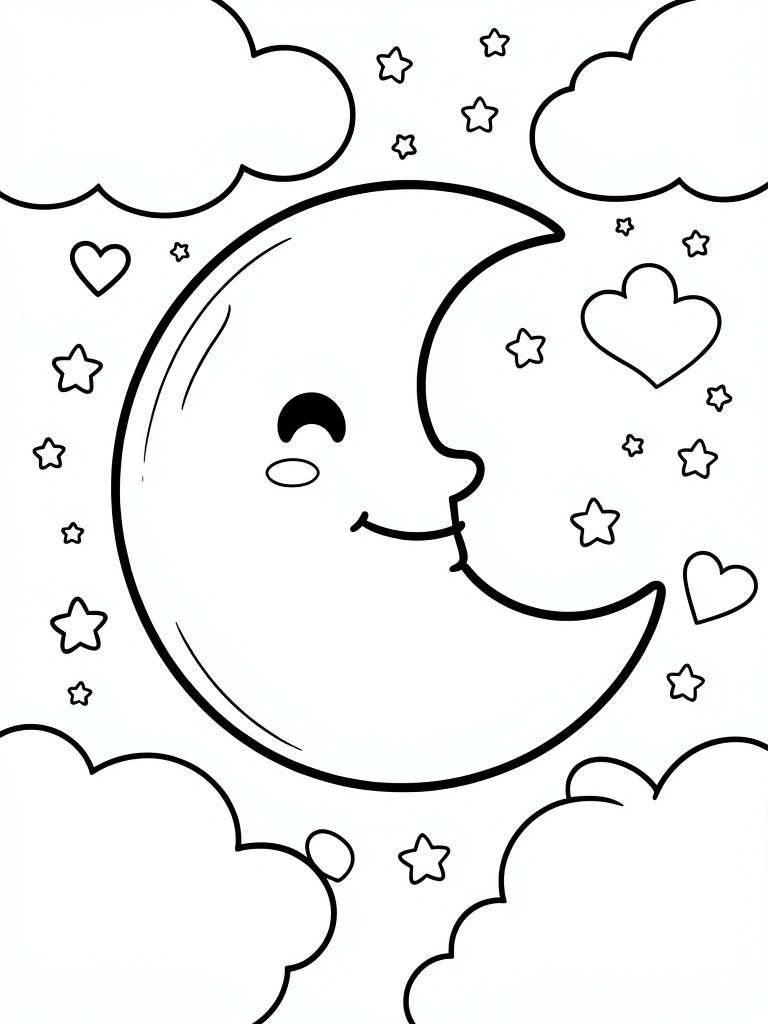 Black outline coloring page of a cute smiling crescent moon face surrounded by stars, hearts, and clouds.