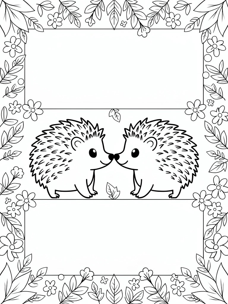 Coloring page featuring two hedgehogs touching noses inside a flower and leaf border with blank rectangles at the top.