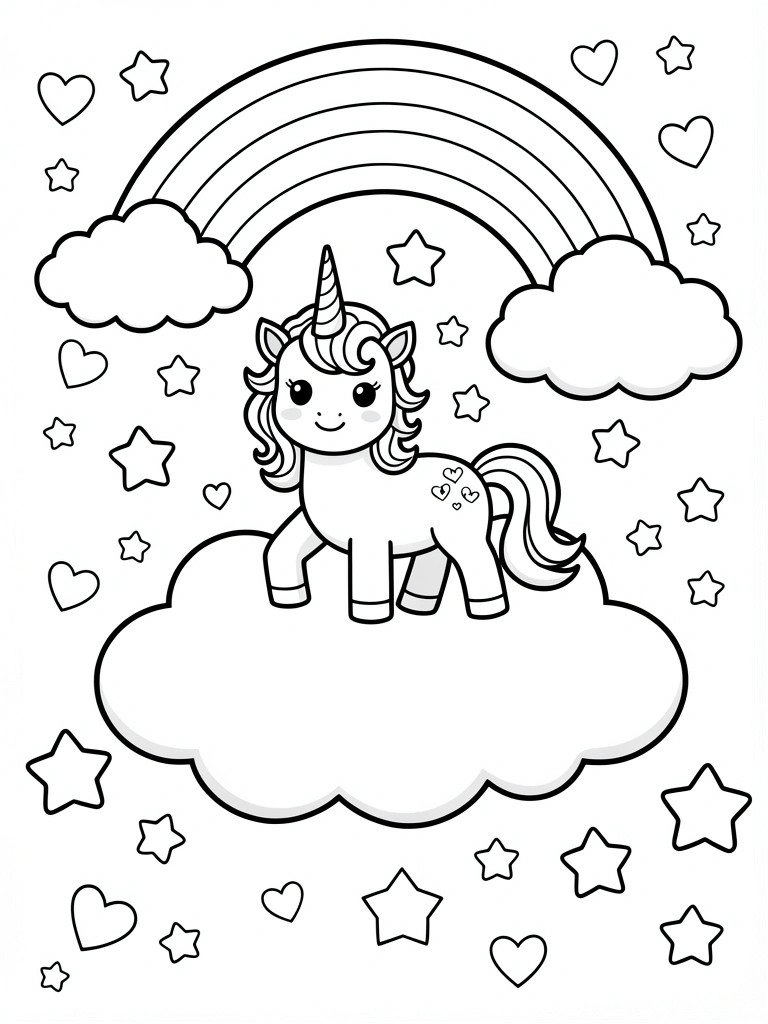 Black and white kawaii coloring page of a unicorn standing on a cloud under a rainbow with stars, hearts, and clouds.