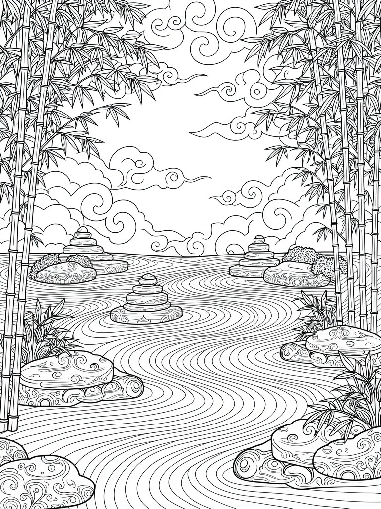 Line art of a zen garden with tall bamboo framing a central winding stream, stacked rocks, bushes, and swirling clouds.
