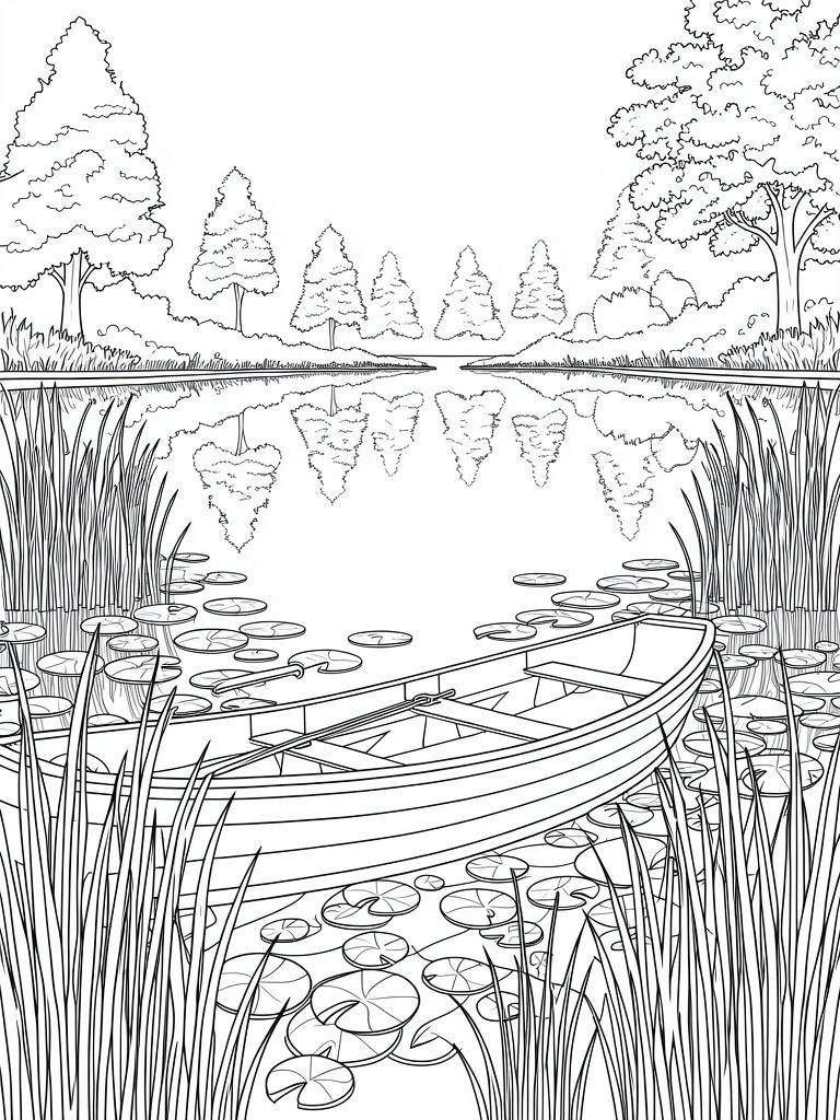 Black and white line drawing of a canoe surrounded by lily pads and reeds in a reflective pond with trees on both sides.