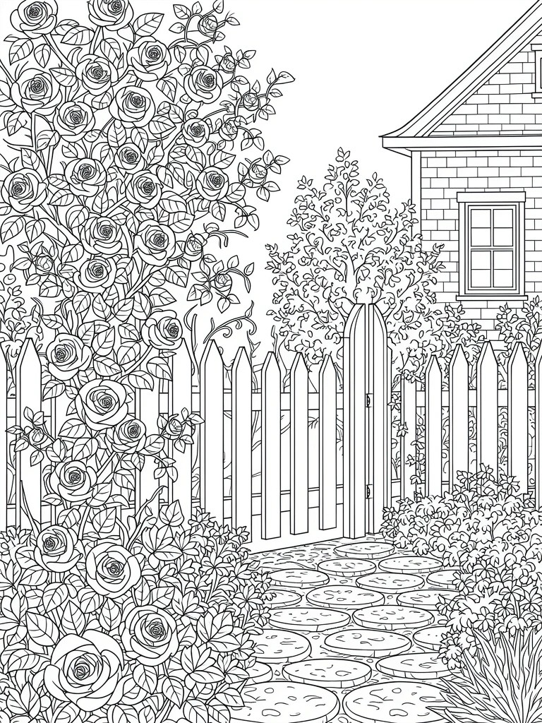 Line drawing of a picket fence gate covered in roses, with a path to a house, bushes, and a tree in a garden.
