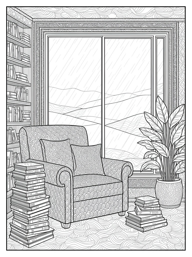 Line art of a detailed room with patterned armchair by rainy window, bookshelves, book stacks, and potted plant.