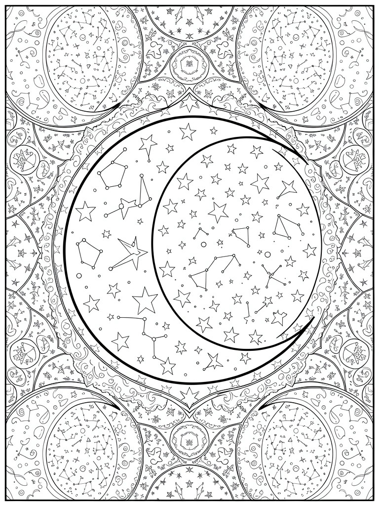 Black line art coloring page of a large central crescent moon filled with stars and constellations, framed by ornate circular borders with stars and moons.