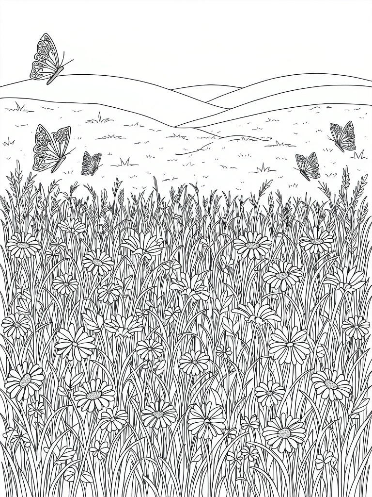 Line art of butterflies over a dense field of daisies and grasses, with hills and sun in the background.