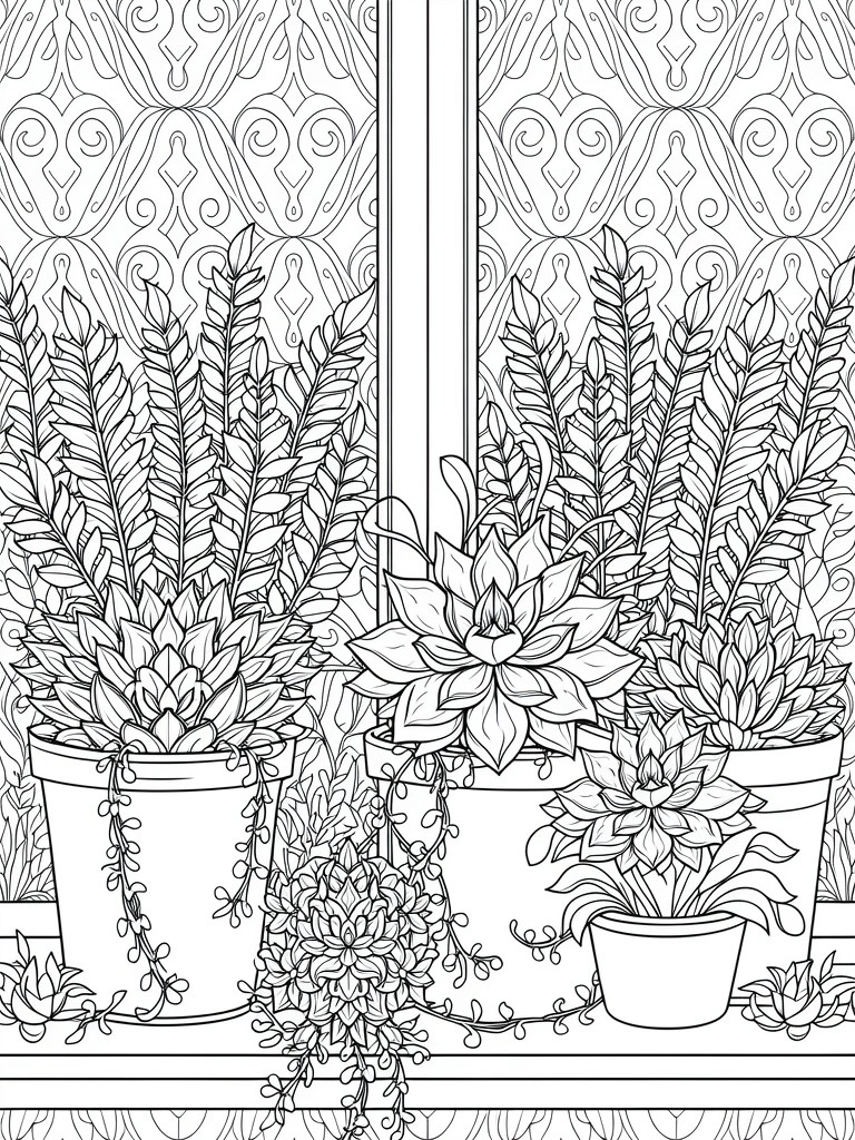 Line drawing of potted ferns, succulents, lotus flower, and trailing plants on a windowsill framed by ornate patterned curtains.