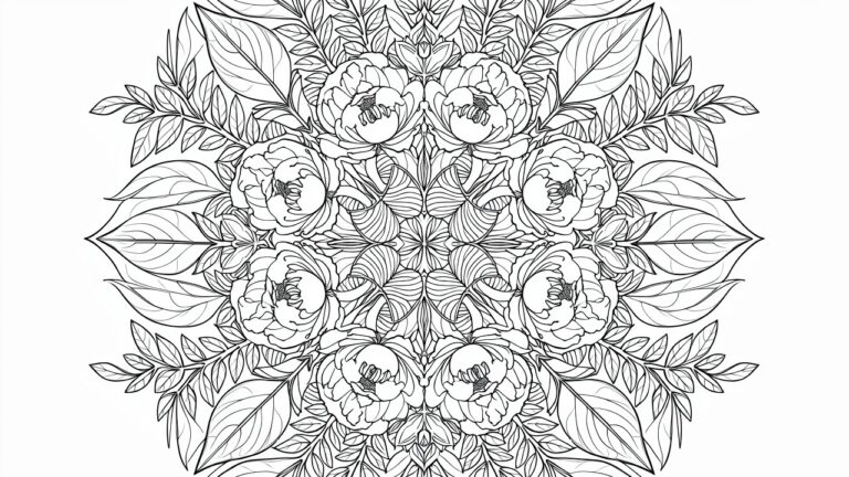 Black line art of a circular mandala with a central flower, six surrounding flowers, and radiating fern leaves.