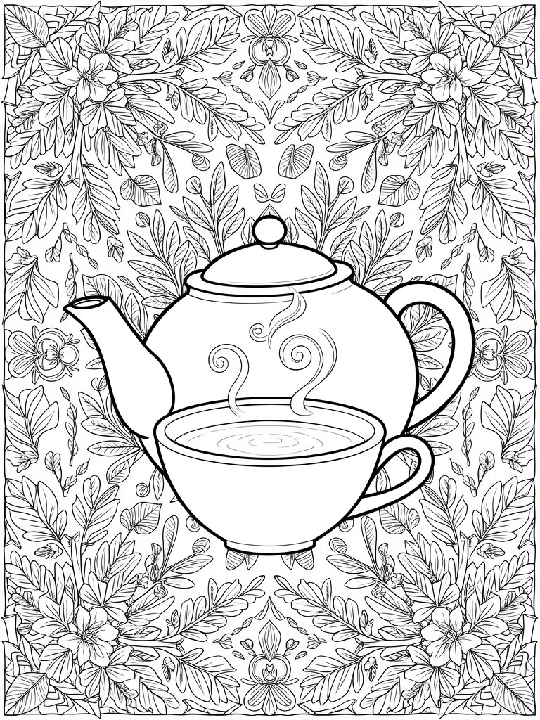 Black line art of a teapot pouring steam into a cup, enclosed in dense symmetrical floral patterns.