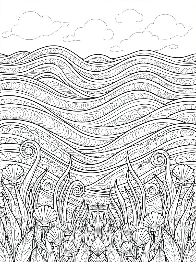 Black line art of stacked swirling ocean waves under clouds with foreground reeds, leaves, and scallop shells.