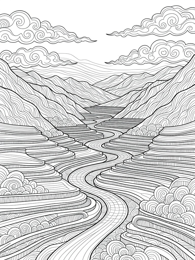 Line art coloring page of terraced rice fields in a mountain valley with a winding river and patterned clouds.