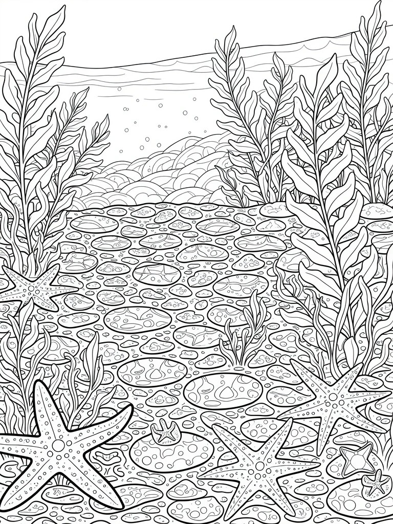Black and white line drawing of starfish on lily pads amid dense seaweed on an ocean floor with bubbles and a wavy horizon.
