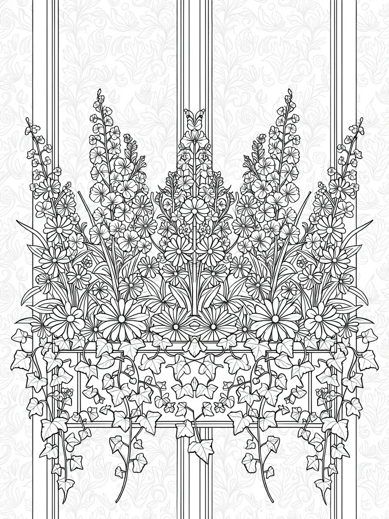 Symmetrical line art coloring page of tall spiky flowers, daisies, and ivy vines in ornate vertical panels.