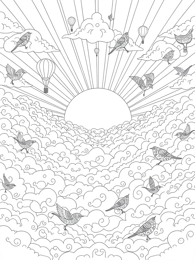 Line art coloring page featuring a large central sun with rays, hot air balloons, flying birds, and swirling clouds.