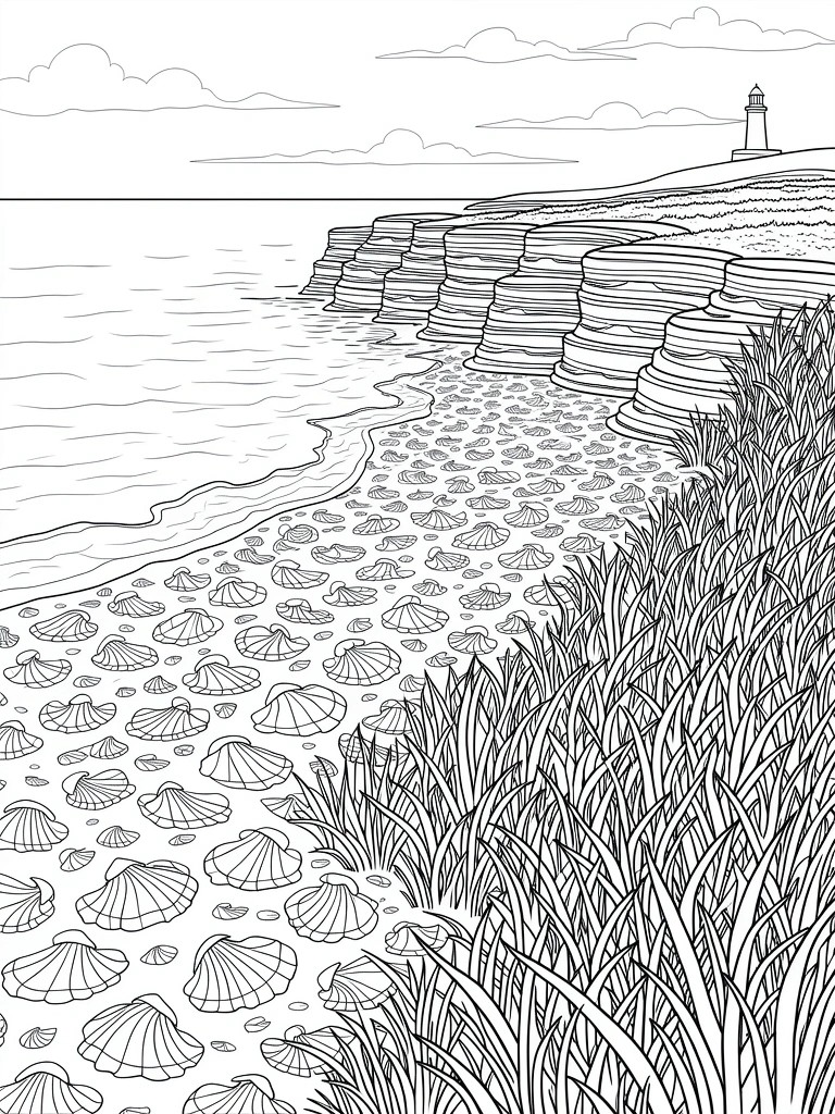 Line drawing of ocean waves, shell-covered beach, grassy edge, layered cliffs, and lighthouse on cliff top.