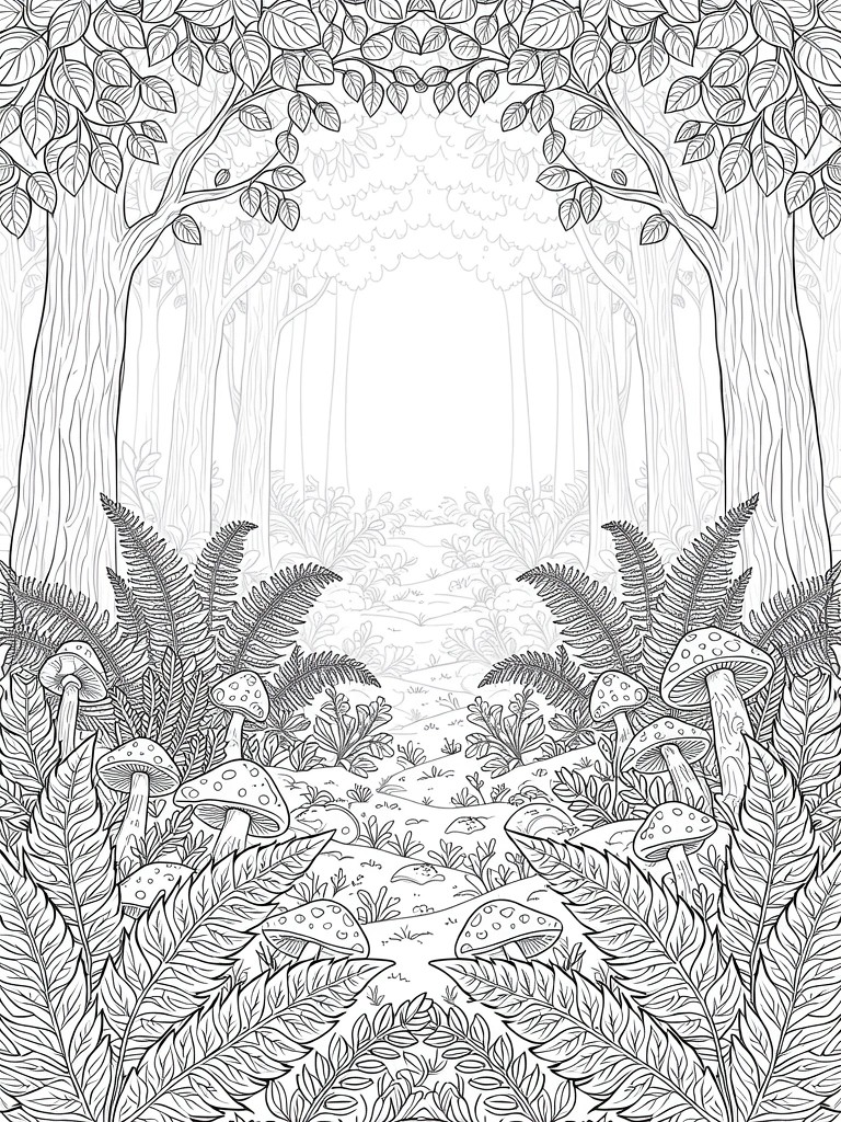 Line drawing of trees arching over a forest path with ferns and mushrooms.