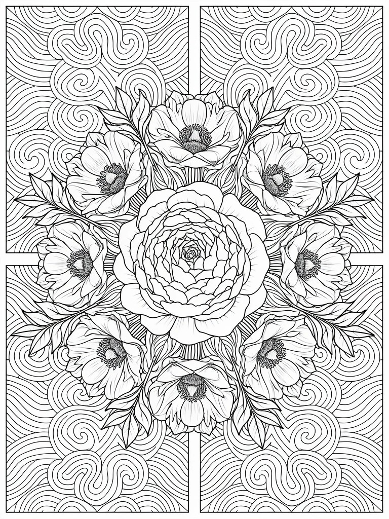 Black line art of a central peony flower surrounded by smaller peonies and wavy patterns in four border quadrants.