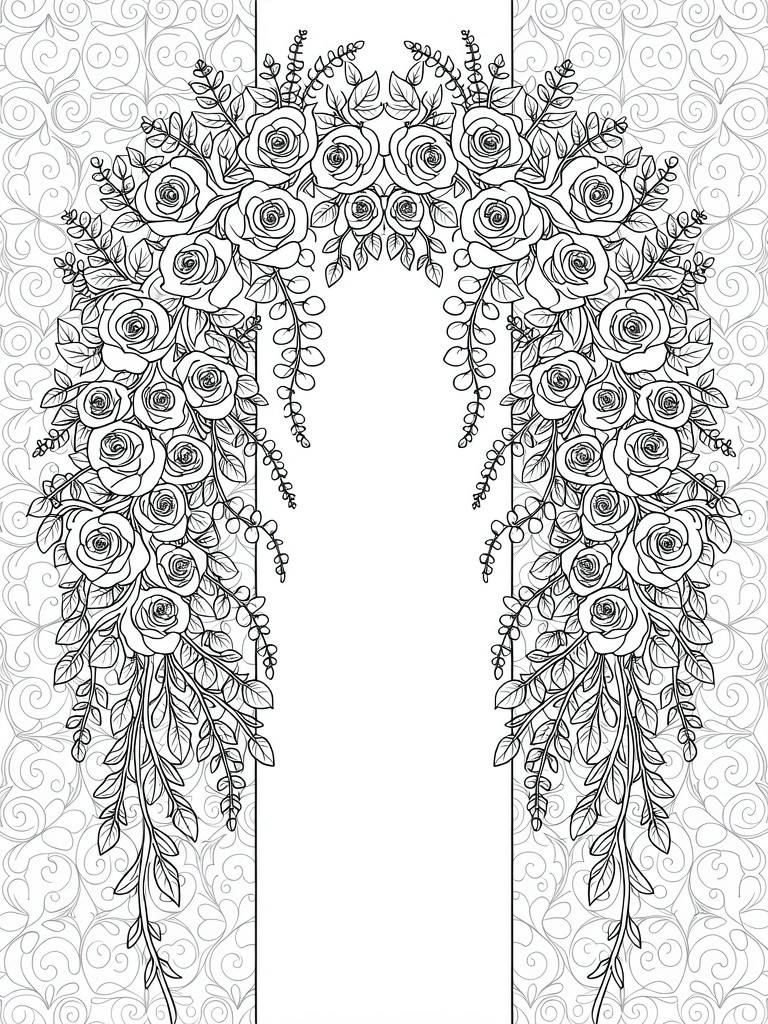 Black line drawing of a symmetrical arch-shaped garland with roses, vines, and swirling border patterns.