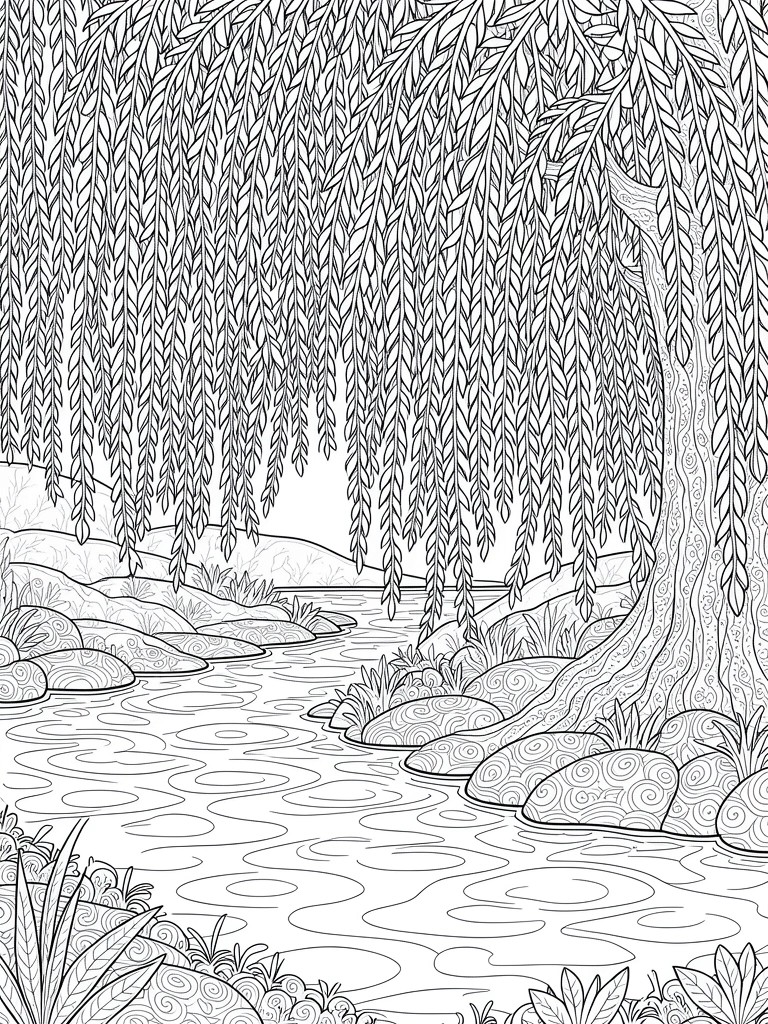 Black line drawing of a detailed weeping willow tree beside a stream with patterned rocks, reeds, and distant hills.