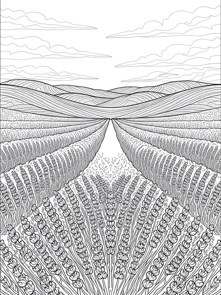 Line drawing of detailed wheat rows converging toward rolling hills and cloudy sky.